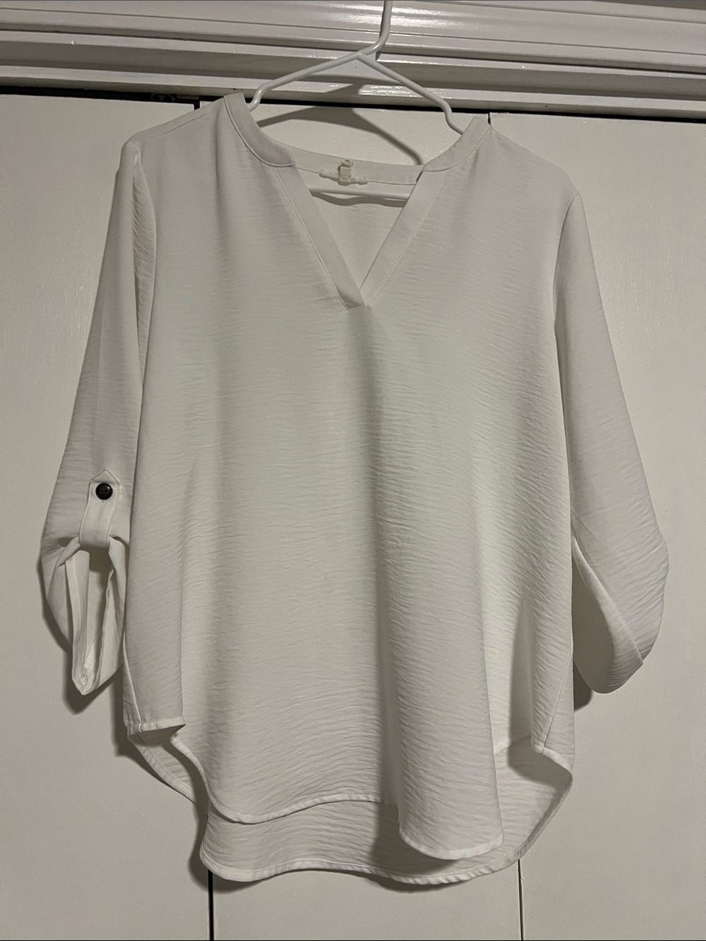 Maurices White V-Notch Roll-Tab Sleeve Blouse